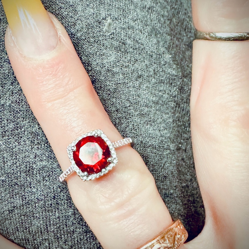 Sterling Silver, Lab Created, Halo Design, Red Garnet Gemstone Ring + Diamonds 5